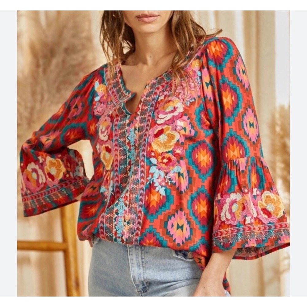 Savanna Jane Embroidered Boho Blouse M Pink Aztec Floral Bell Sleeve